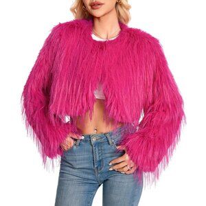 Women's Faux Fur Coat Rose Red Slim Cropped Fuzzy Fluffy Fall Winter Jacket